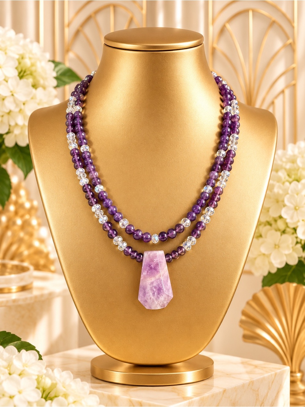 🆕😍Amethyst and Clear Bead Double-Strand Necklace with Amethyst Pendant